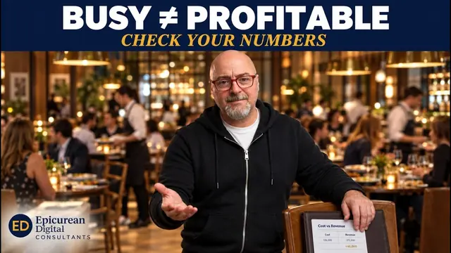 Ali Solak in a busy restaurant, under the words Busy is not profitable, check your numbers