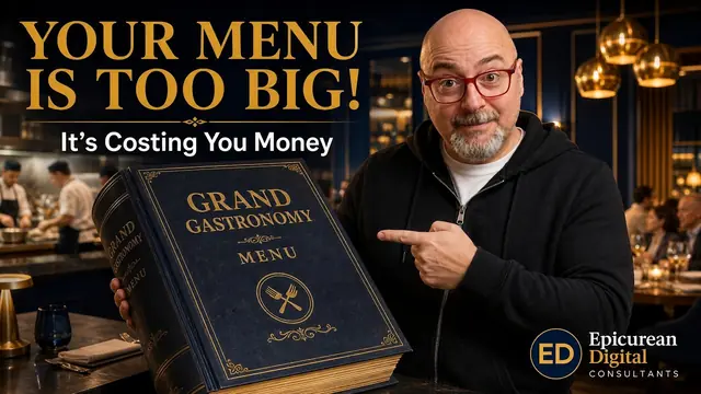 Ali Solak pointing at an oversized menu book, under the words Your menu is too big! It's costing you money
