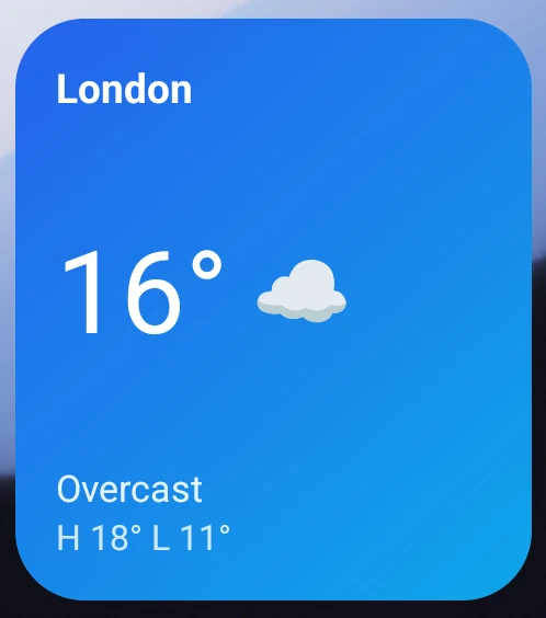The ForecastPal home-screen widget: London, 16 degrees, overcast, high 18 low 11