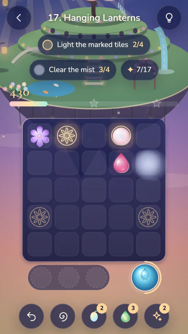 Level 17, Hanging Lanterns, mid-puzzle: two goals at the top, a score bar, and glowing pieces on the 5 by 5 board