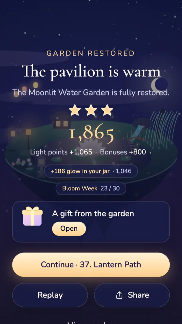 Garden restored: 'The pavilion is warm'. The Moonlit Water Garden is fully restored, with three stars and a score of 1,865