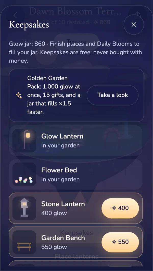 The keepsakes sheet: a glow jar of 860, with a Stone Lantern for 400 glow and a Garden Bench for 550 glow