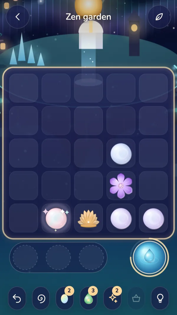 The Zen garden in the Aurora Sky Sanctuary: a calm board of glowing pieces under a lantern