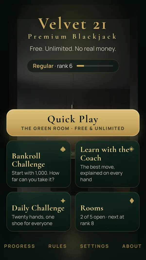 The Velvet 21 home screen: Quick Play at The Green Room, Bankroll Challenge, Learn with the Coach, Daily Challenge and Rooms