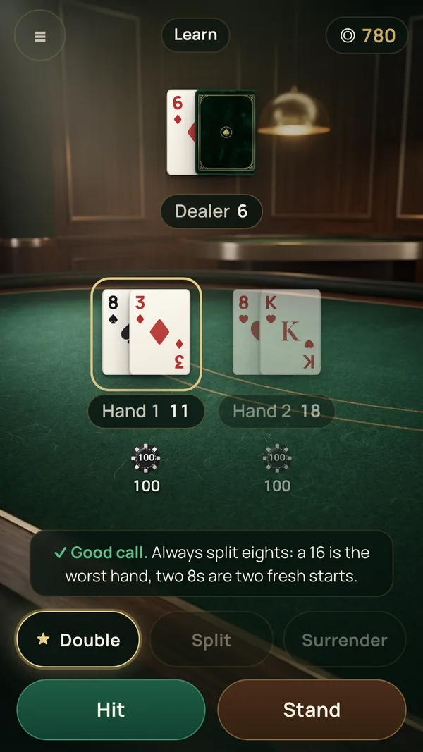 Learn mode: a pair of eights split into two hands, with the Coach's note 'Good call. Always split eights: a 16 is the worst hand, two 8s are two fresh starts'