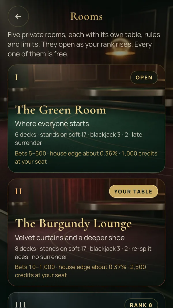 The Rooms screen: The Green Room, where everyone starts, and The Burgundy Lounge, with each room's decks, rules, bets and house edge listed