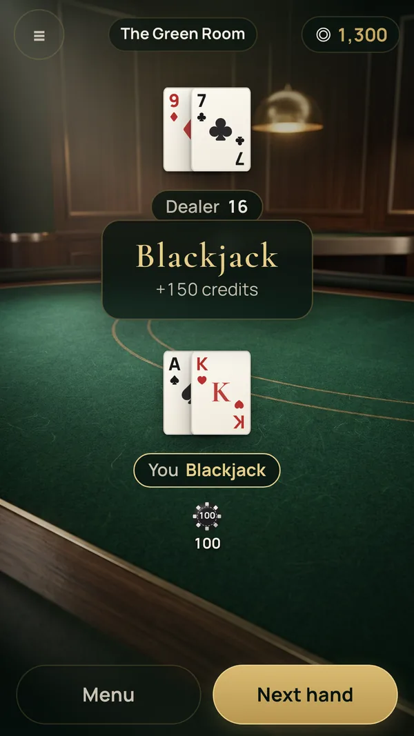 A natural blackjack, ace and king, with the banner 'Blackjack +150 credits' over the Green Room table