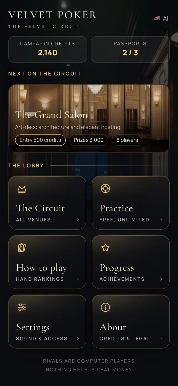 The Velvet Poker lobby: the next event on the Circuit, then The Circuit, Practice (free, unlimited), How to play, Progress, Settings and About, with the note that rivals are computer players and nothing here is real money