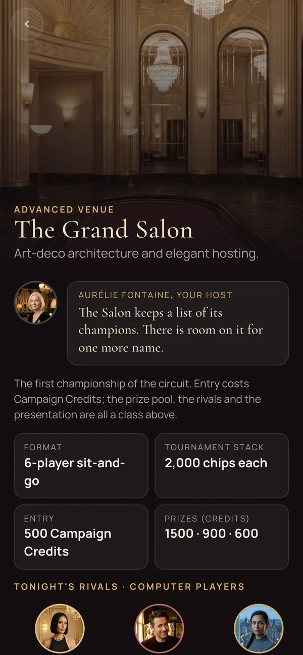The Grand Salon venue page: art-deco hosting by Aurélie Fontaine, a six-player sit-and-go with 2,000 chips each, entry in Campaign Credits, and tonight's computer-player rivals