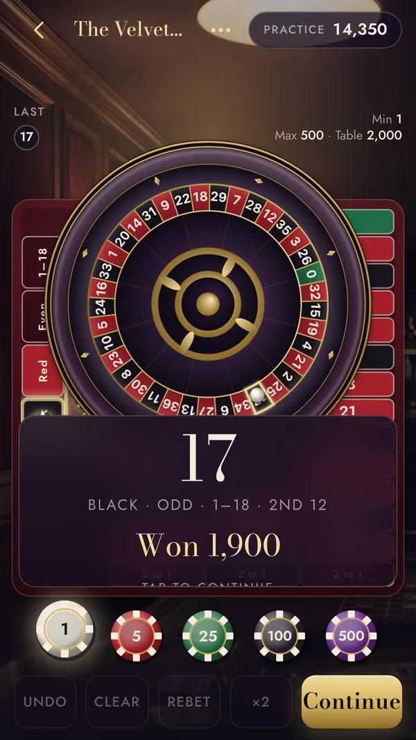 The wheel after a spin: the ball on 17 black, with the result 'Won 1,900' and the Continue button
