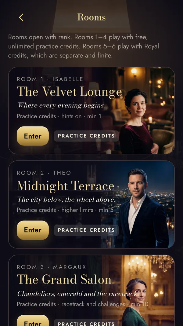 The Rooms screen: Room 1 The Velvet Lounge with Isabelle, Room 2 Midnight Terrace with Theo and Room 3 The Grand Salon with Margaux, each marked Practice credits