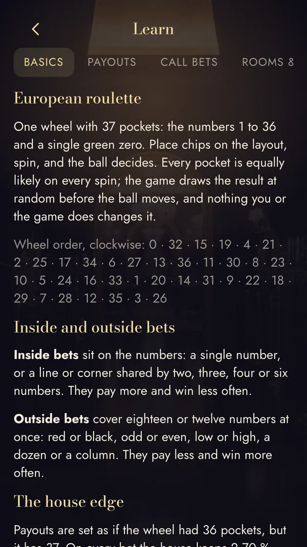 The Learn screen on the Basics tab: European roulette explained, the wheel order clockwise, inside and outside bets, and the house edge