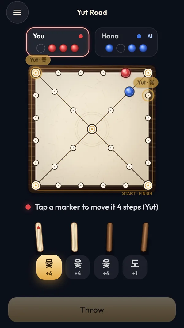 A match against Hana: the walnut board with red and blue markers, four thrown sticks showing Yut, and the prompt 'Tap a marker to move it 4 steps'