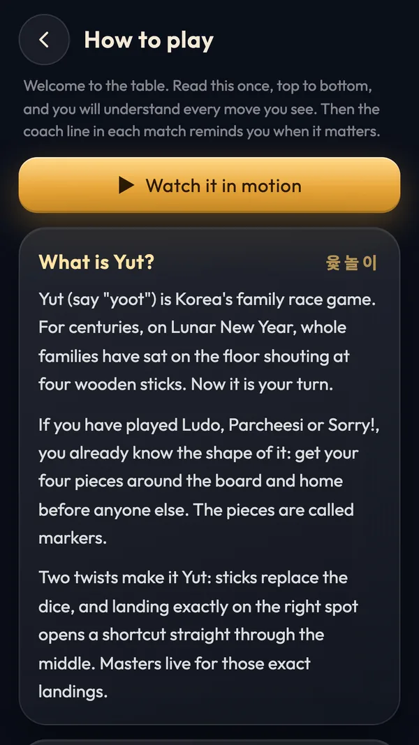 The How to play guide: 'What is Yut?', with a Watch it in motion button and the rules in plain words