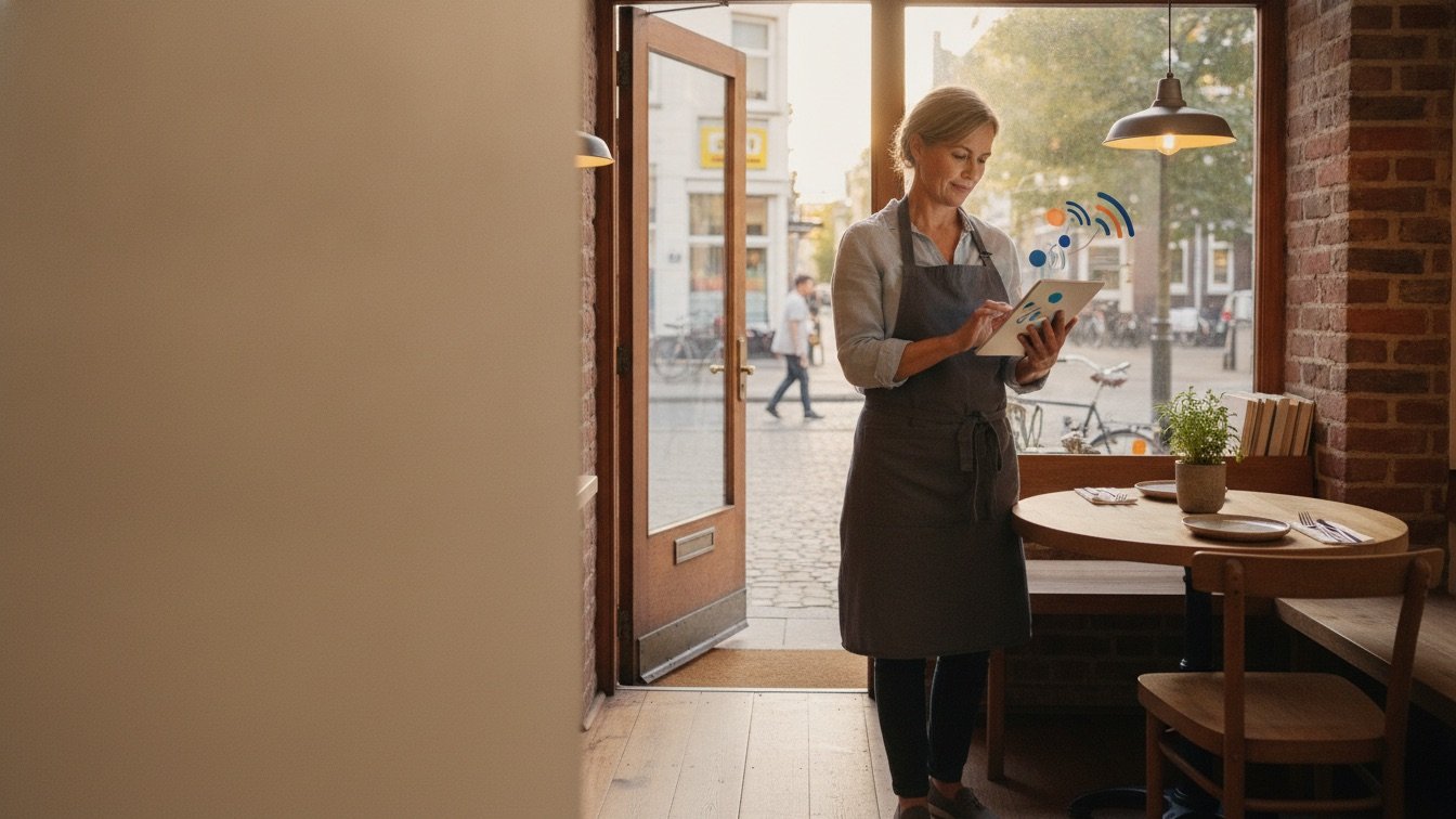 Restaurant owner reviewing online business information at an independent restaurant