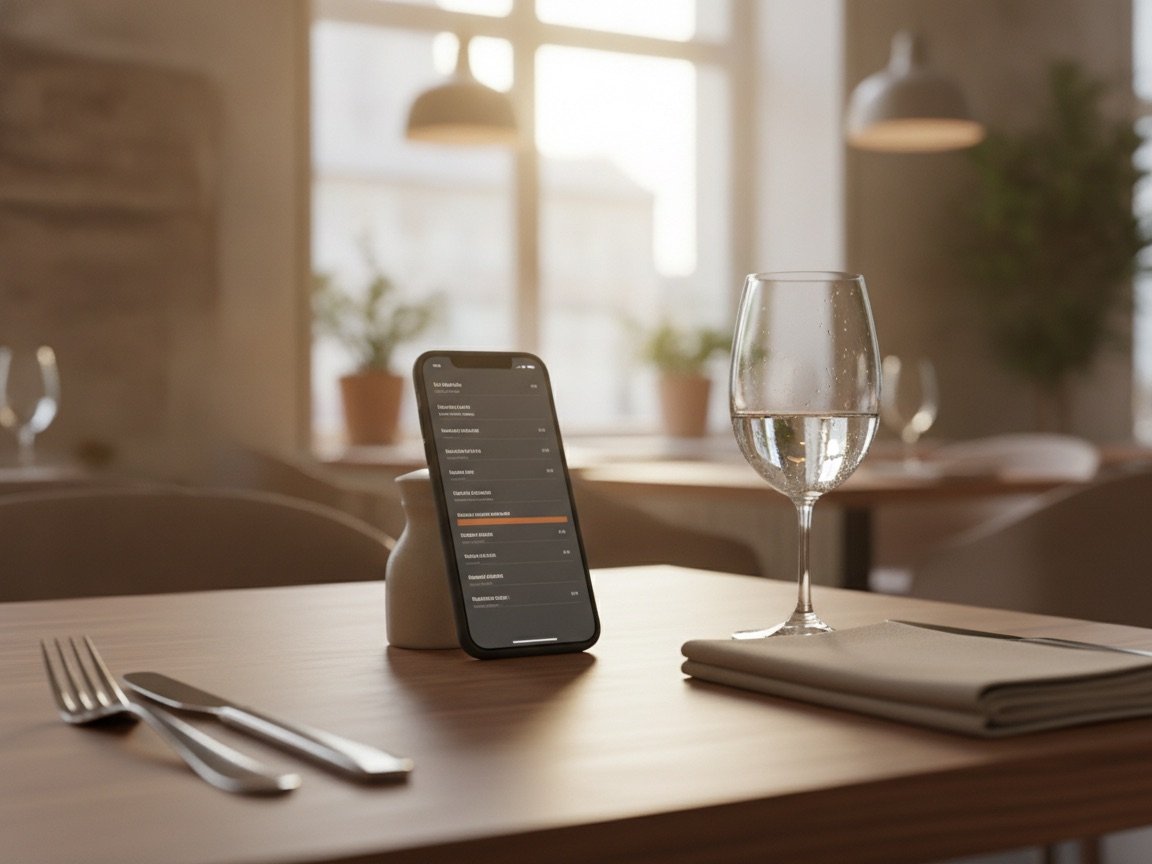 Restaurant menu shown clearly on a mobile phone beside a restaurant table