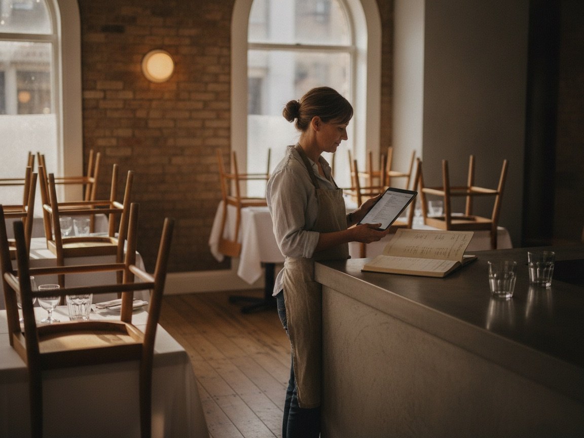Restaurant owner checking opening hours and booking details before service