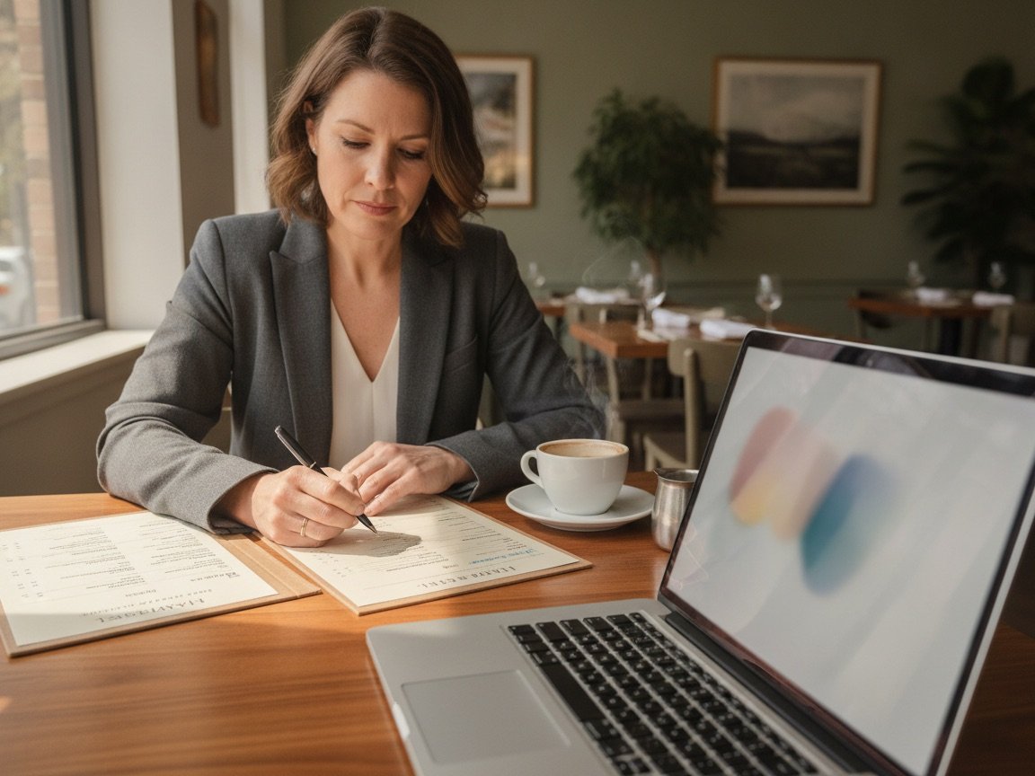 Restaurant owner reviewing a website and menu checklist during planning