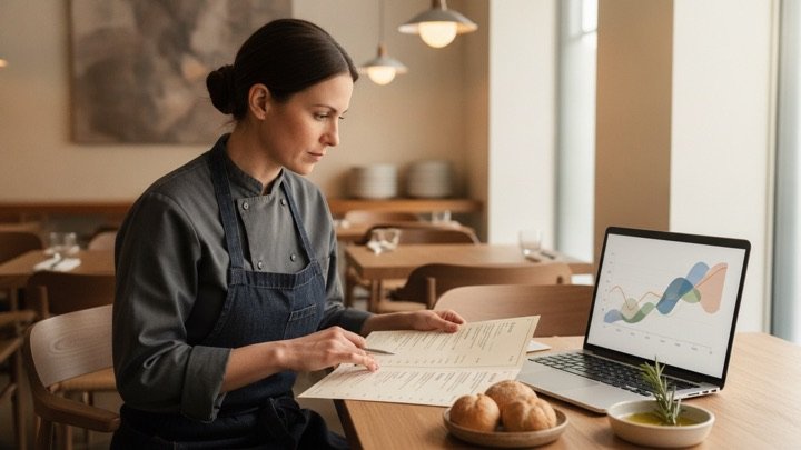 Restaurant owner reviewing menu prices, portion costs and dish sales data