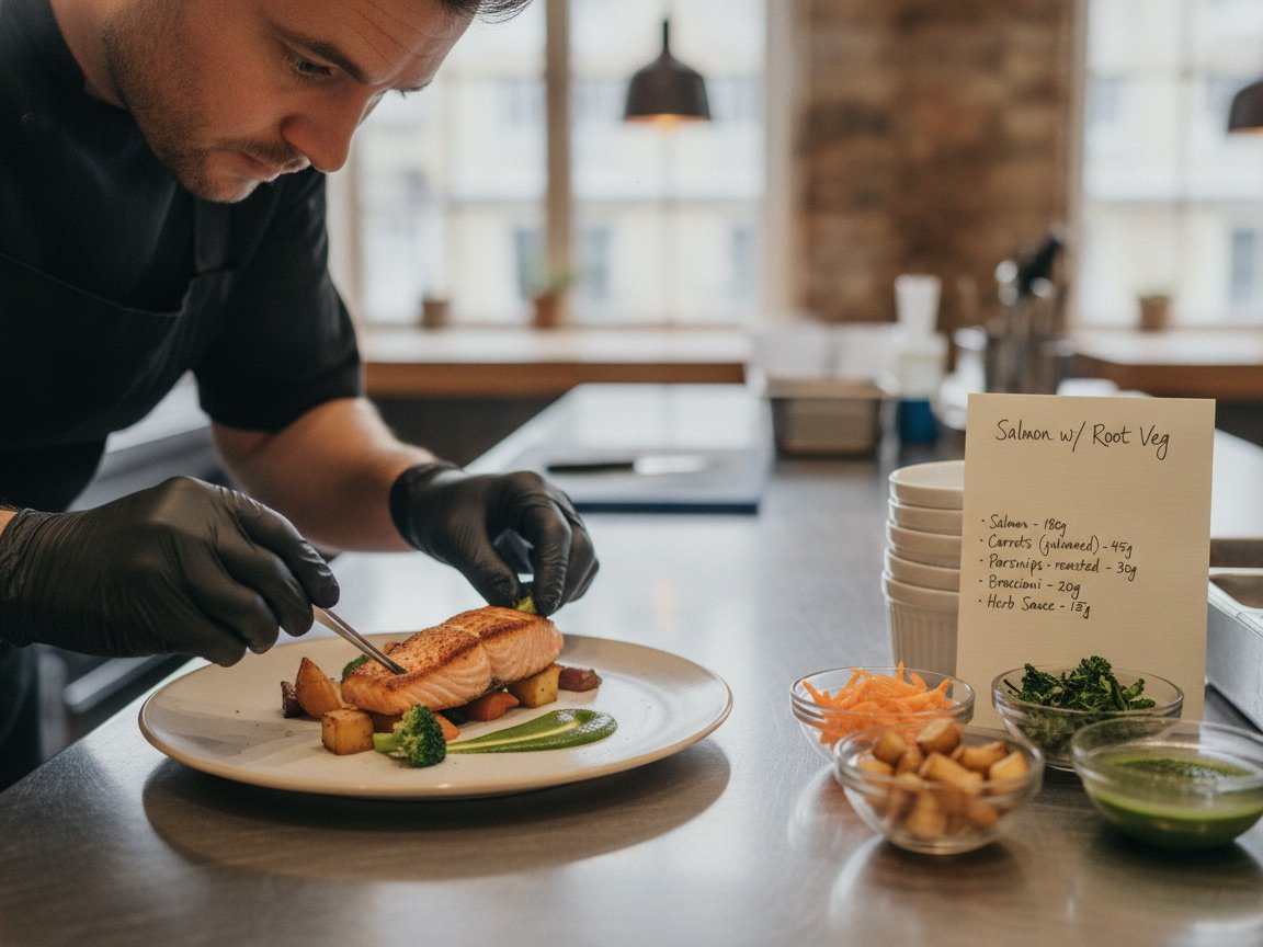 Chef-manager checking portion ingredients while preparing a restaurant dish