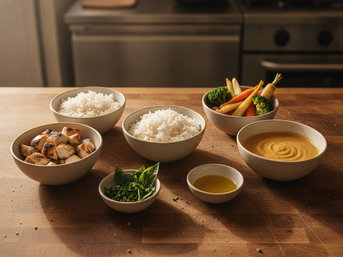 Measured ingredients for a restaurant dish including sauce, garnish and sides