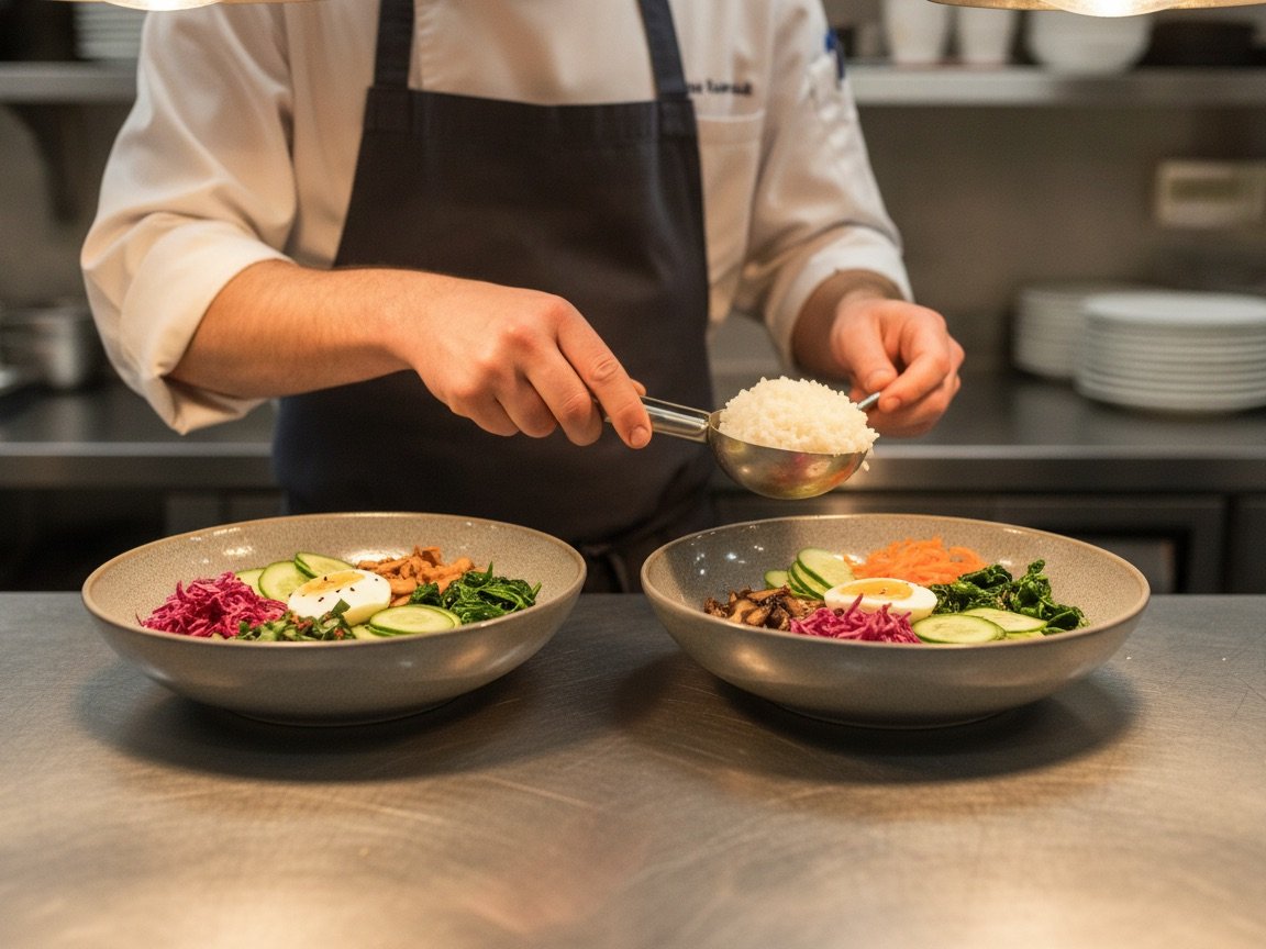 Restaurant kitchen using consistent portion measurements for plated dishes