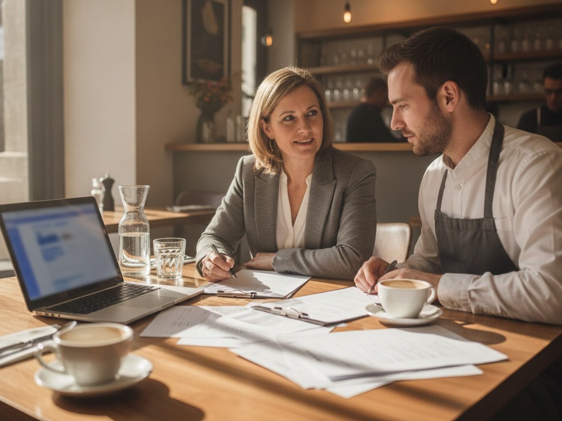Restaurant owner and chef reviewing menu costs during a planning session