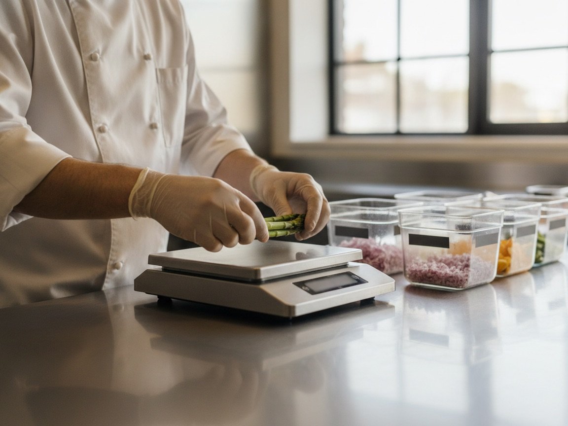 Chef weighing prepared ingredients to calculate usable portion cost