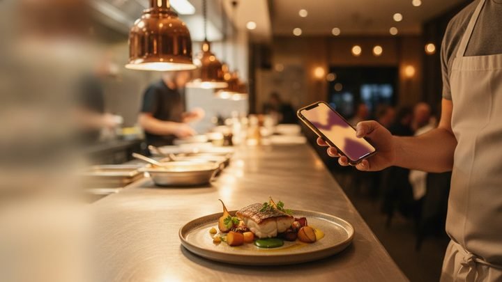Restaurant team member photographing a finished dish at the pass during service