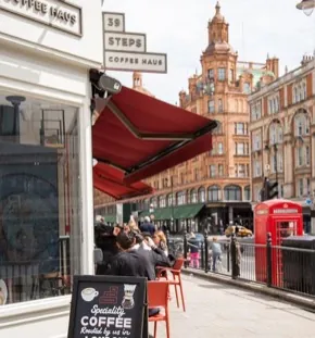 39 Steps Coffee Haus with its awning out, Knightsbridge, London