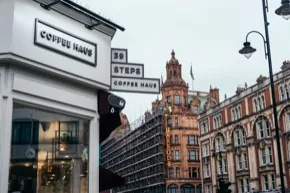 39 Steps Coffee Haus corner sign, Knightsbridge, London