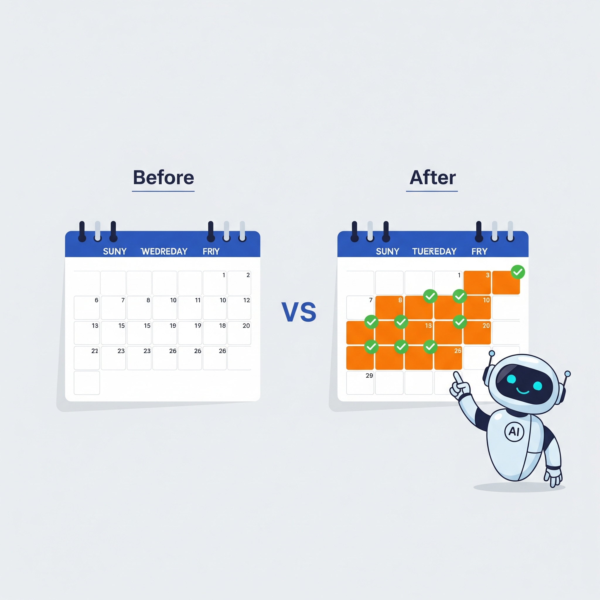 Before and after infographic of a calendar being filled by AI