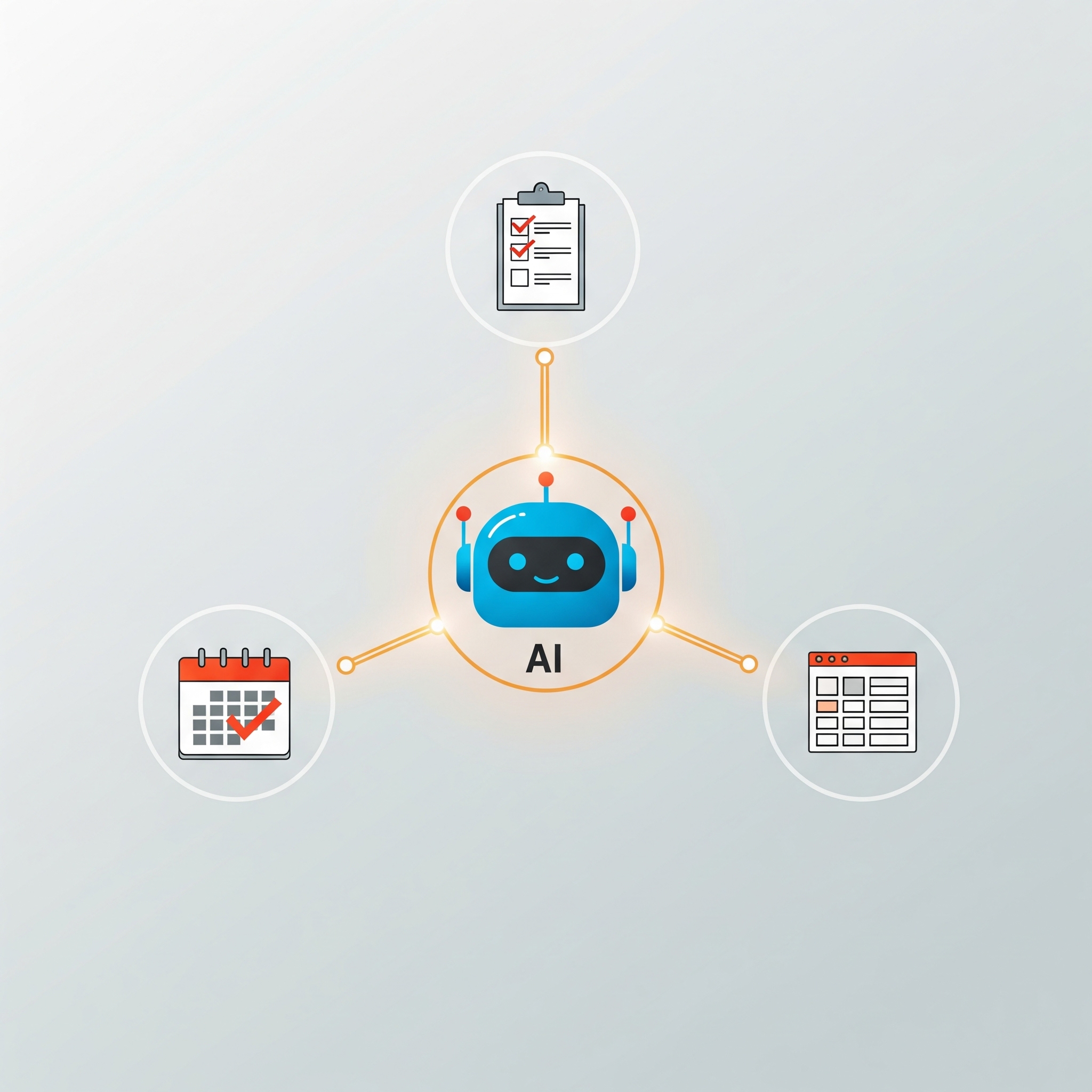 Illustration of an AI automating a checklist, calendar, and spreadsheet