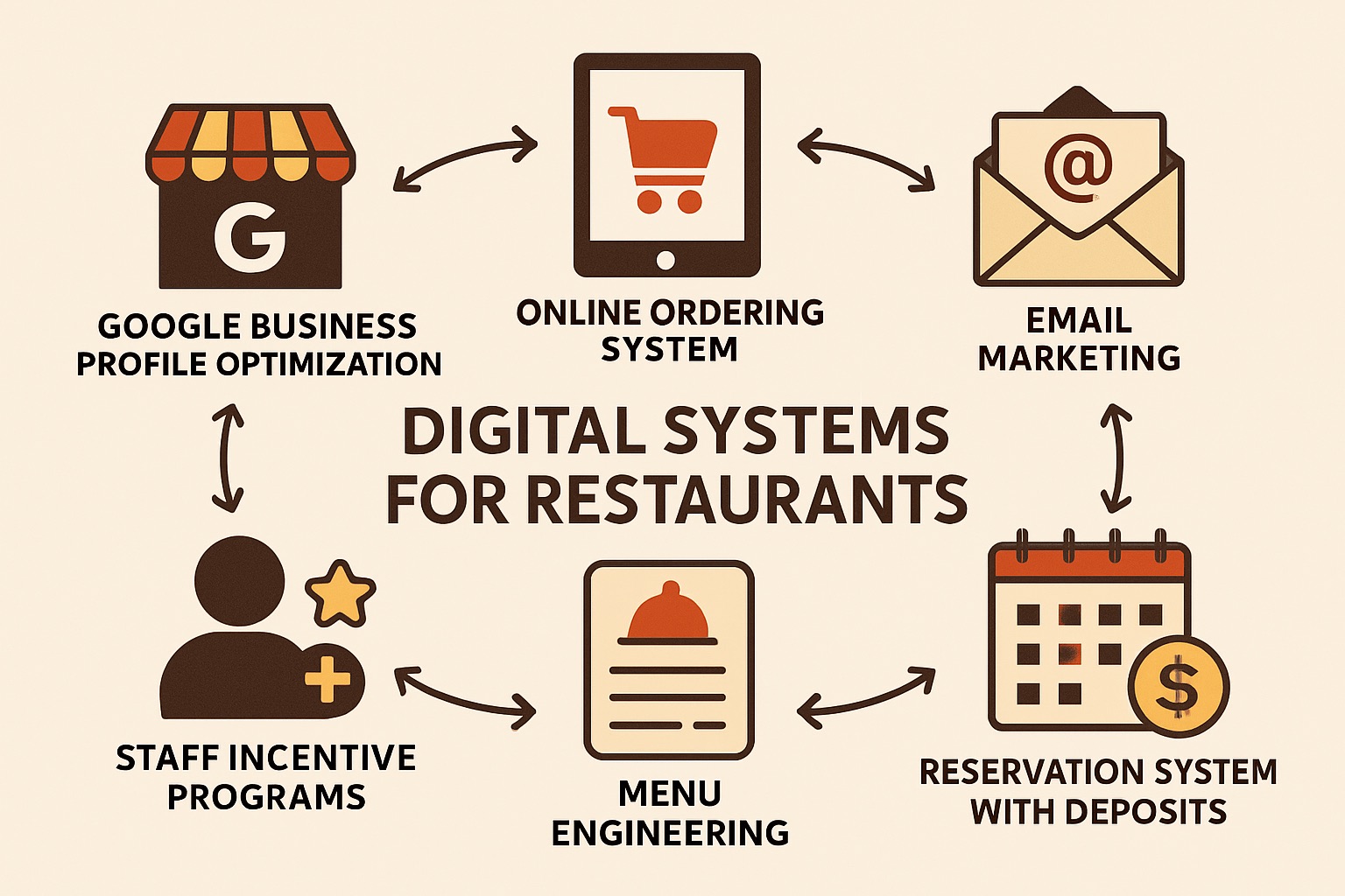 A diagram showing six key interconnected digital systems for restaurants: Google Business Profile, online ordering, email marketing, reservation system, menu engineering, and staff incentive programs.