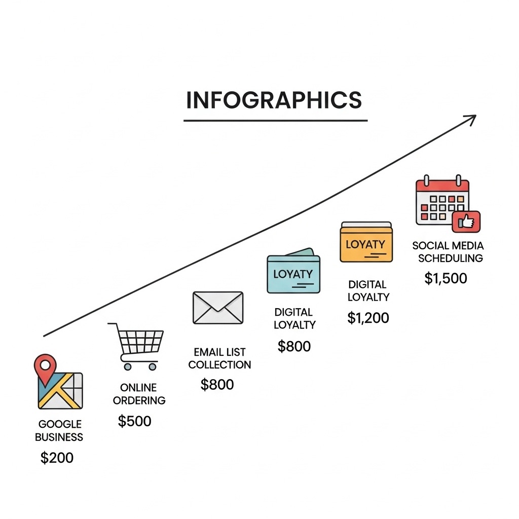 Infographic showing the progressive implementation of Phase 1 digital systems for a restaurant, from Google Business at $200 to Social Media Scheduling at $1,500.