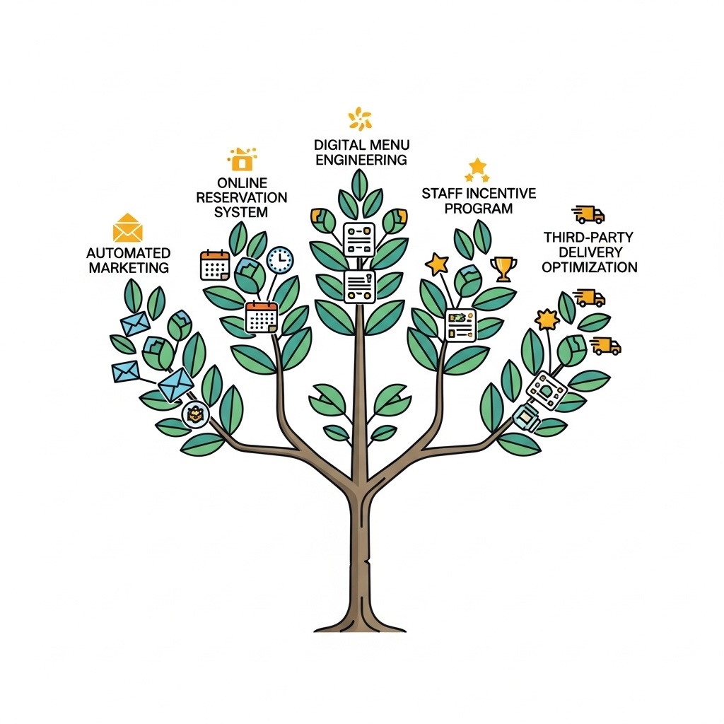 An illustration of a tree where each branch represents a Phase 2 digital growth strategy for a restaurant, including automated marketing, online reservations, and menu engineering.