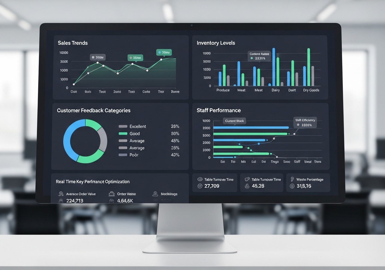 A restaurant analytics dashboard on a computer screen, showing charts for sales trends, inventory levels, staff performance, and customer feedback, representing the optimization phase.