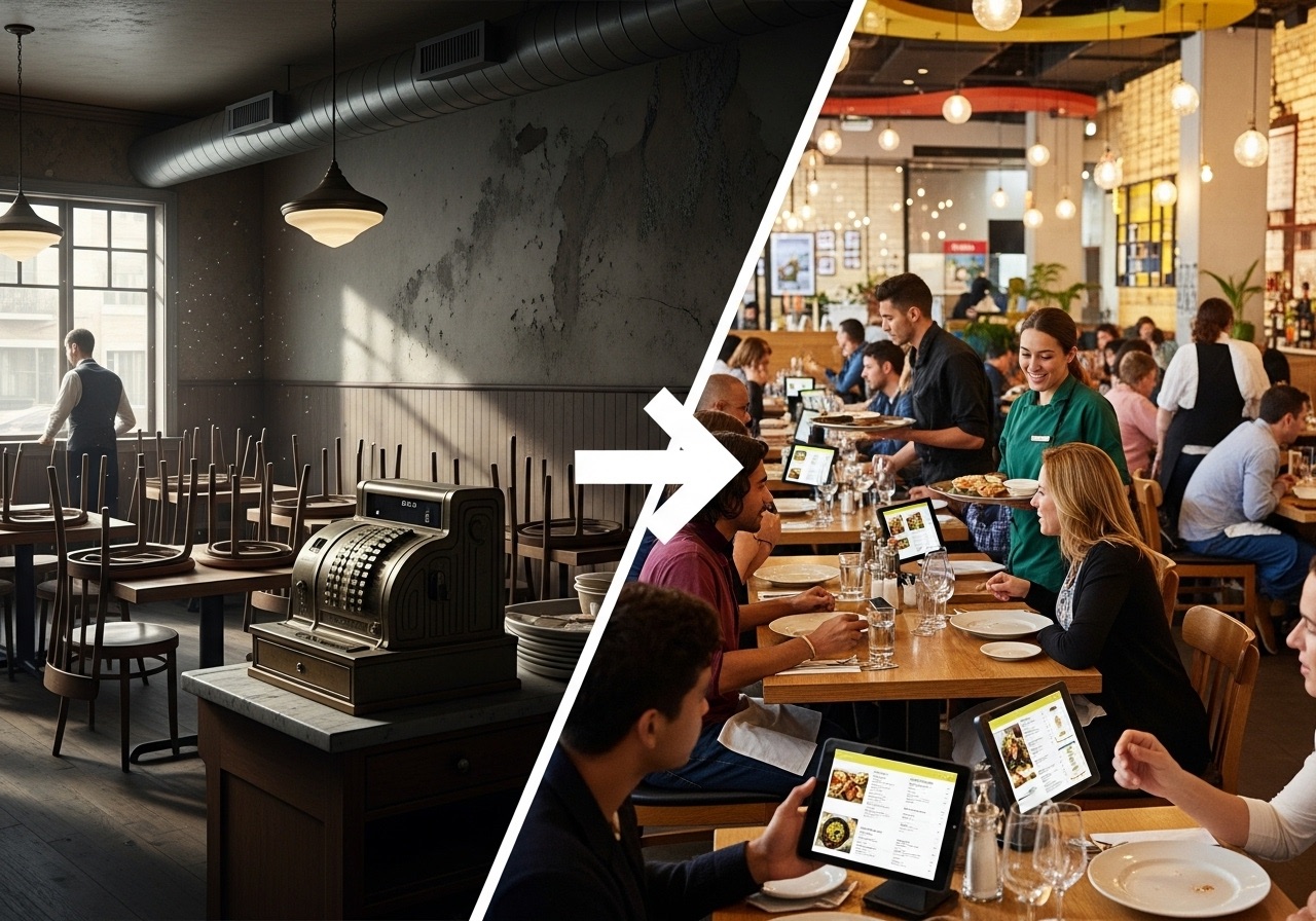 A split-screen image showing the transformation of a restaurant from an empty, old-fashioned bistro to a busy, modern restaurant using digital technology like tablets for ordering.