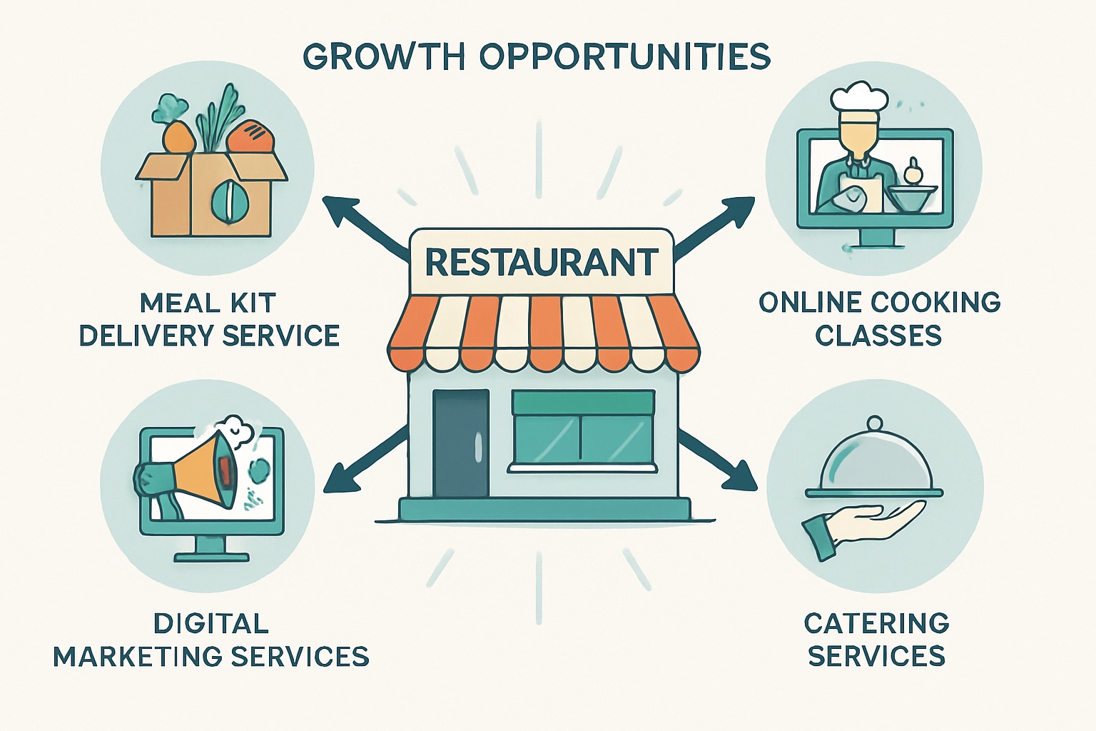 A diagram illustrating growth opportunities for a restaurant, including meal kit delivery, online cooking classes, catering services, and offering digital marketing services.