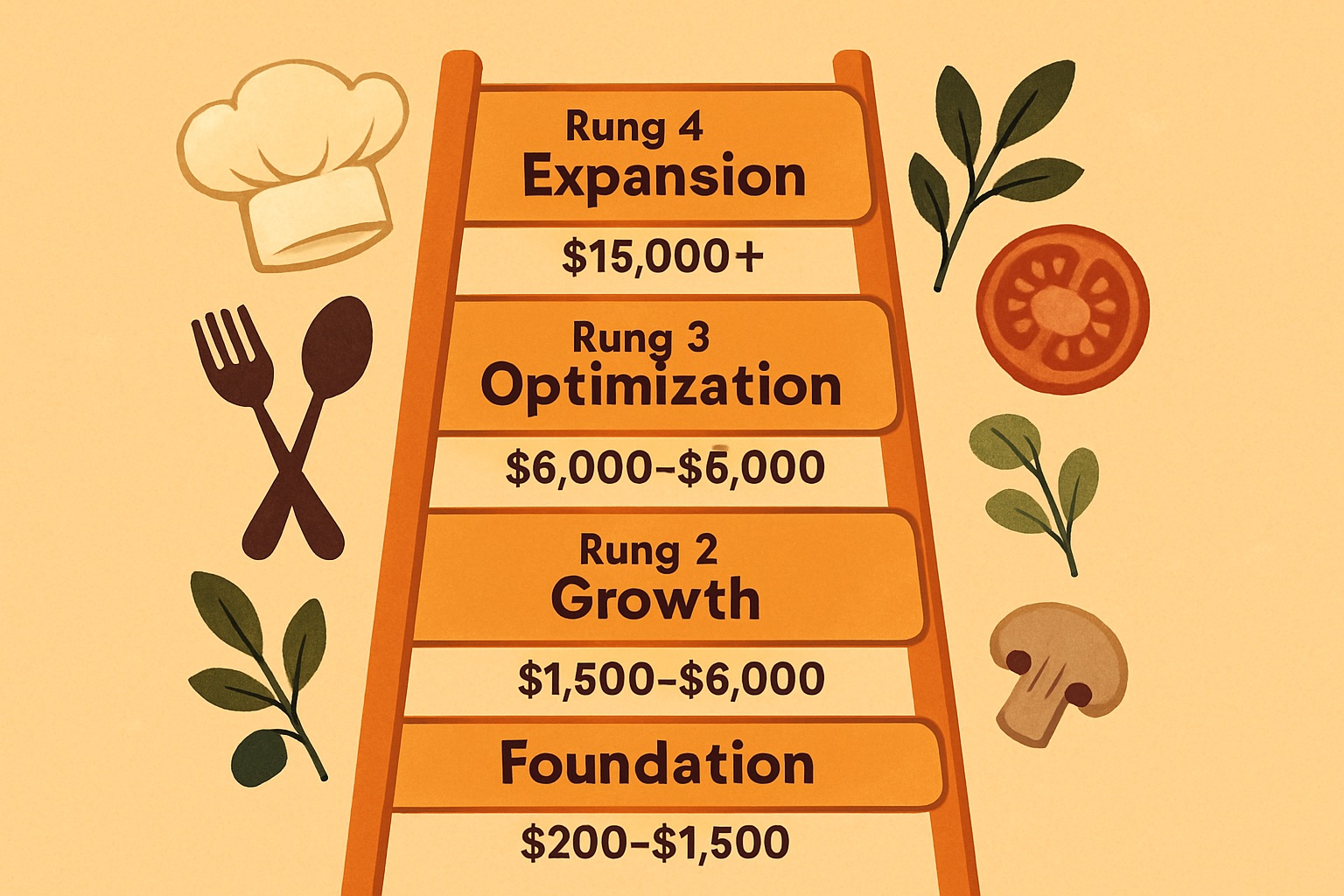 An illustration of a ladder with four rungs representing the phases of digital revenue growth for a restaurant: Foundation, Growth, Optimization, and Expansion, with associated revenue targets for each phase.