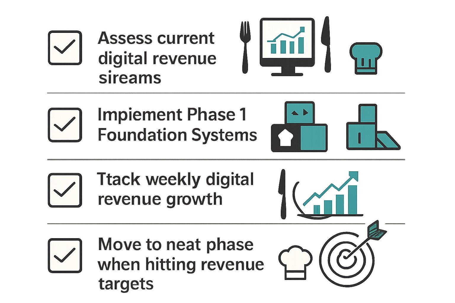 A checklist for restaurant digital transformation with four completed steps: Assess streams, Implement Phase 1, Track growth, and Move to the next phase.