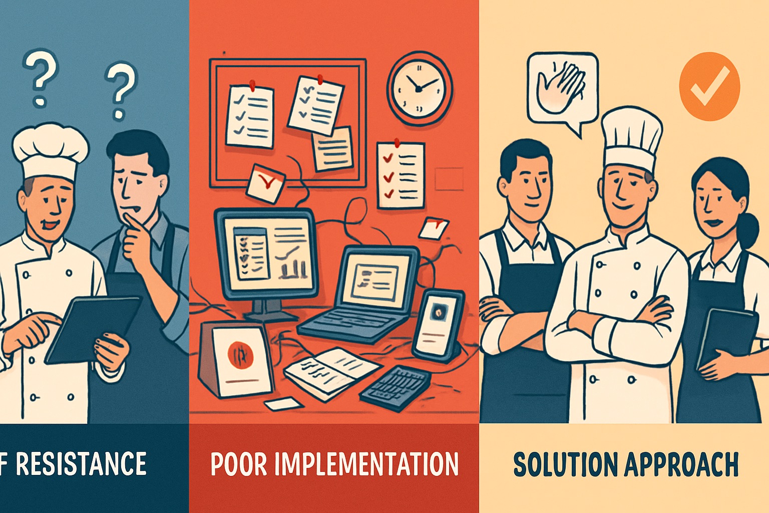 A three-panel illustration showing the pitfalls of digital transformation in restaurants: staff resistance, poor implementation, and the successful solution approach.