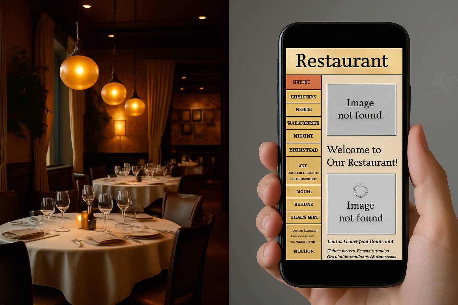 A split image contrasting a beautiful, elegant restaurant interior on the left with a poorly designed, unprofessional restaurant website on a smartphone on the right.