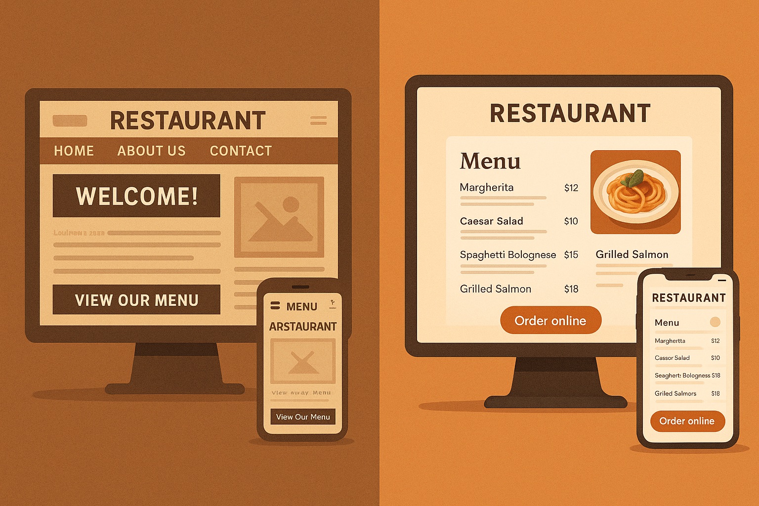 A comparison showing a basic restaurant website on the left and a modern, functional online ordering system with a full menu on the right, displayed on both desktop and mobile screens.
