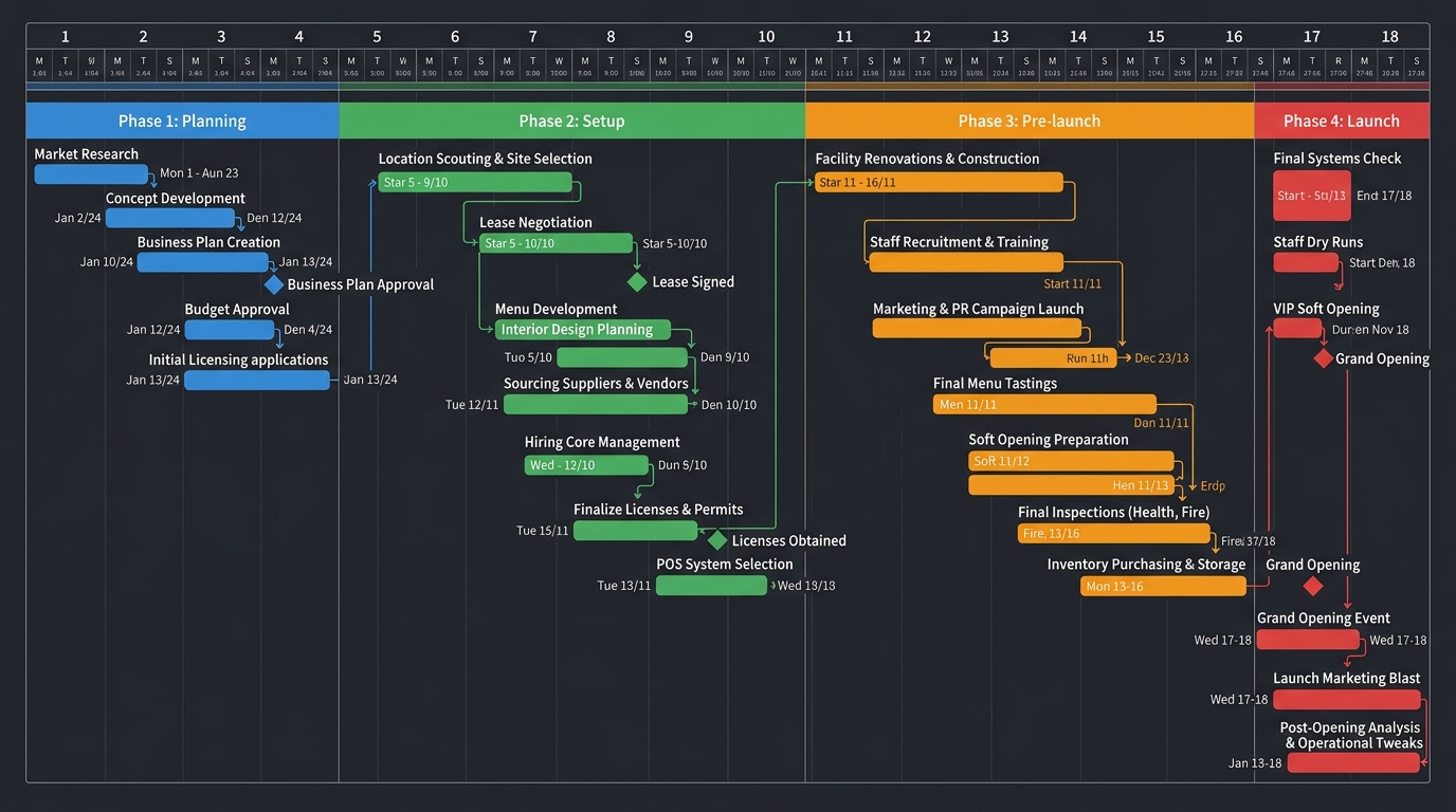 18-week pub opening Gantt chart showing Plan, Build, Prepare, and Launch phases