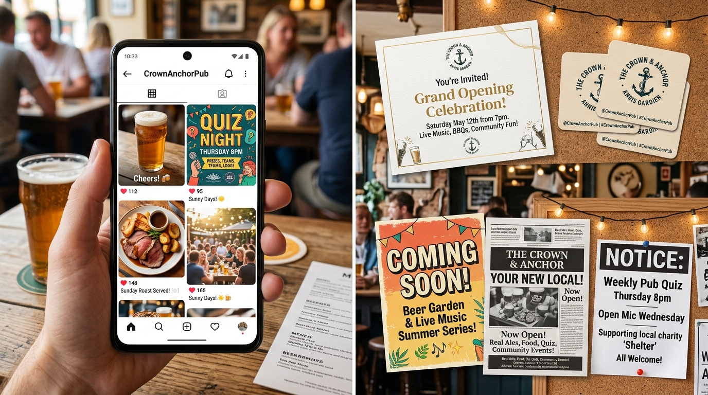 Collage showing pub Instagram posts with perfect pint photos, Quiz Night graphics, Sunday roast photos, alongside physical grand opening invitations, beer mats with social handles, and Coming Soon poster