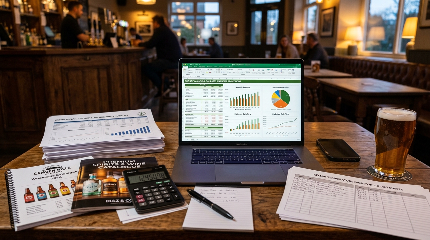 Relaxed soft launch in a pub with friends and locals at the bar, some on bar stools, bartender pulling a pint, chalkboard specials visible, warm amber lighting and fairy lights