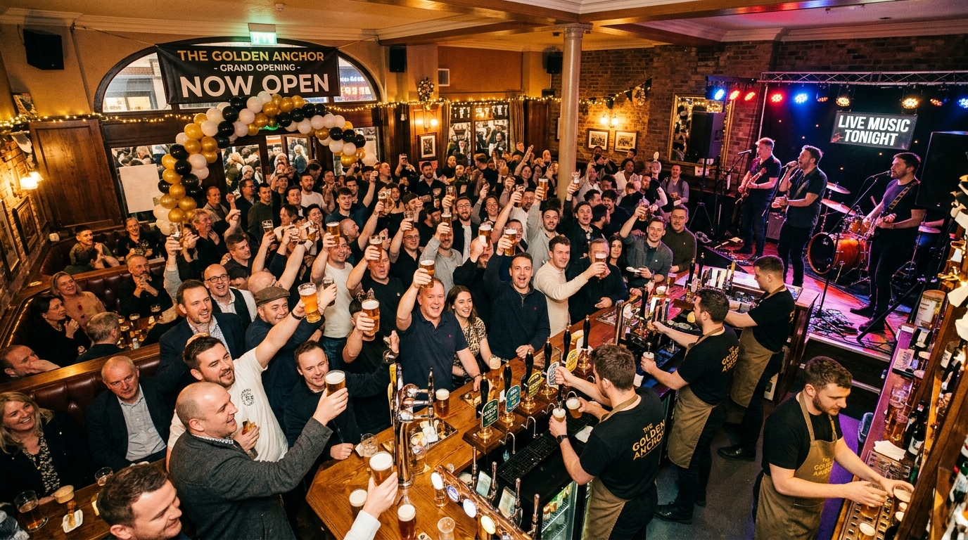 Packed buzzing pub on opening night with every seat taken, people standing at the bar, live music in the corner, bar staff pulling pints at full speed, glasses raised in celebration, NOW OPEN banner at entrance