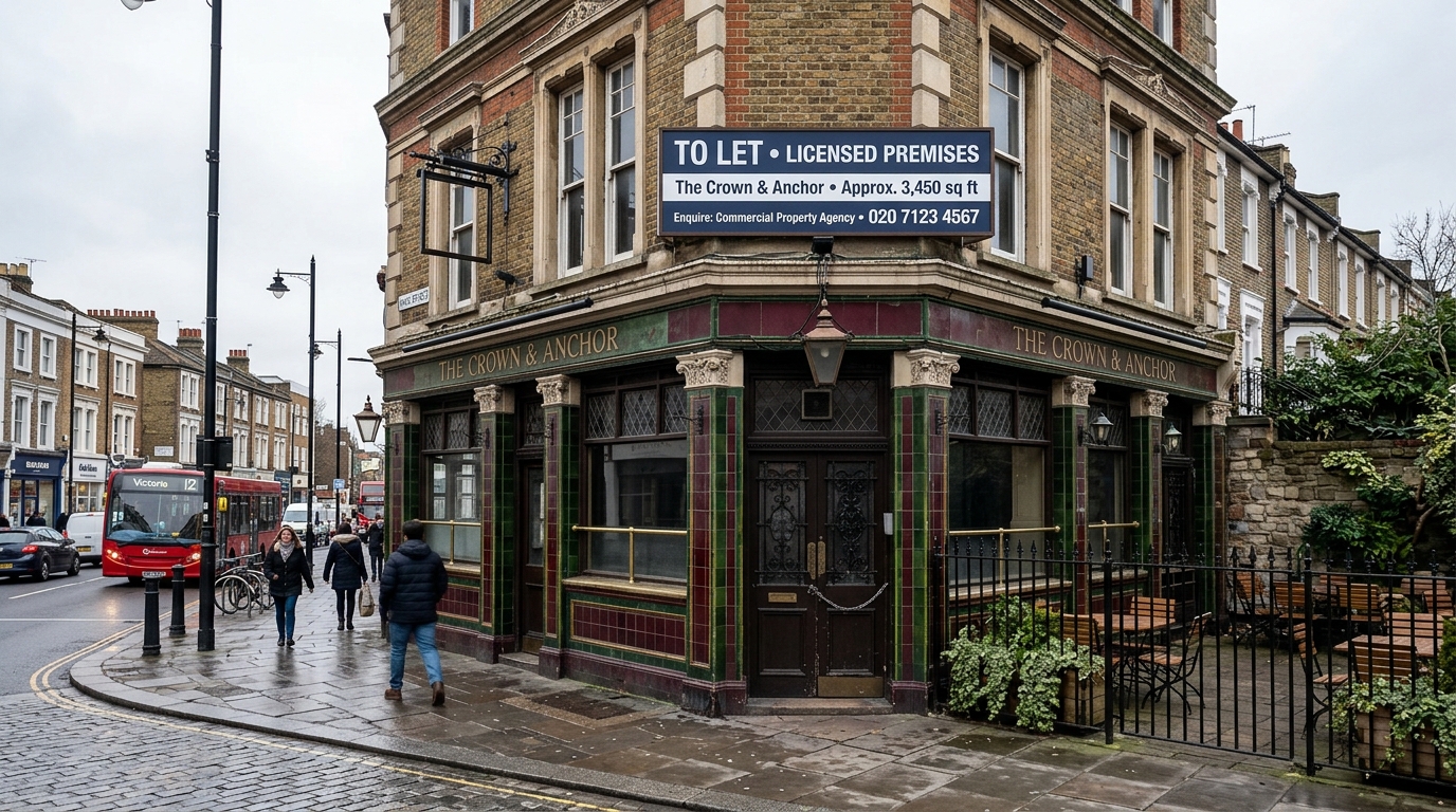 Exterior of a characterful empty pub building with a To Let Licensed Premises sign, beer garden visible to the side, corner position on a busy street