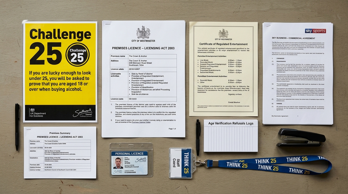 Professional desk with Premises Licence, personal licence card, Challenge 25 age verification sign, entertainment licence, and SKY Sports subscription agreement